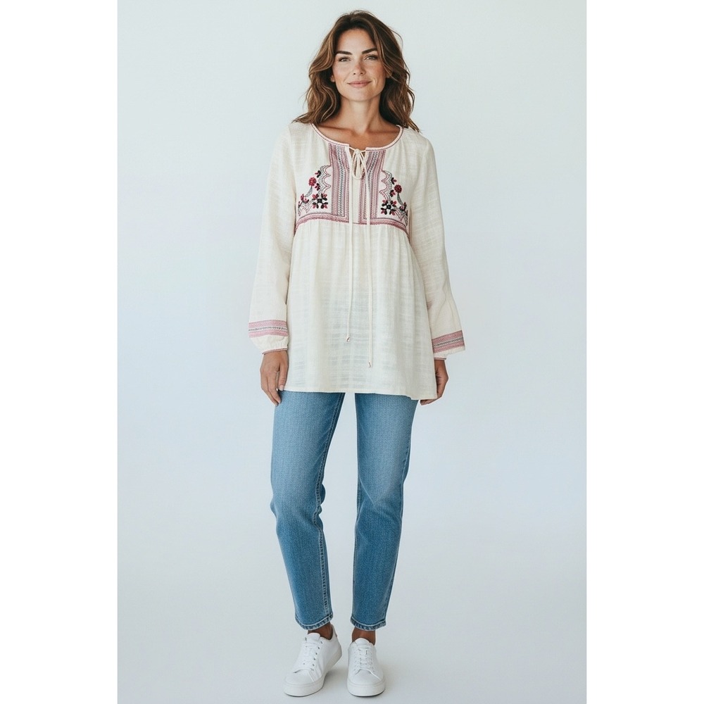 Chelsea & Violet Embroidered Long Sleeve Peasant Tunic Cream Floral Boho Sz L